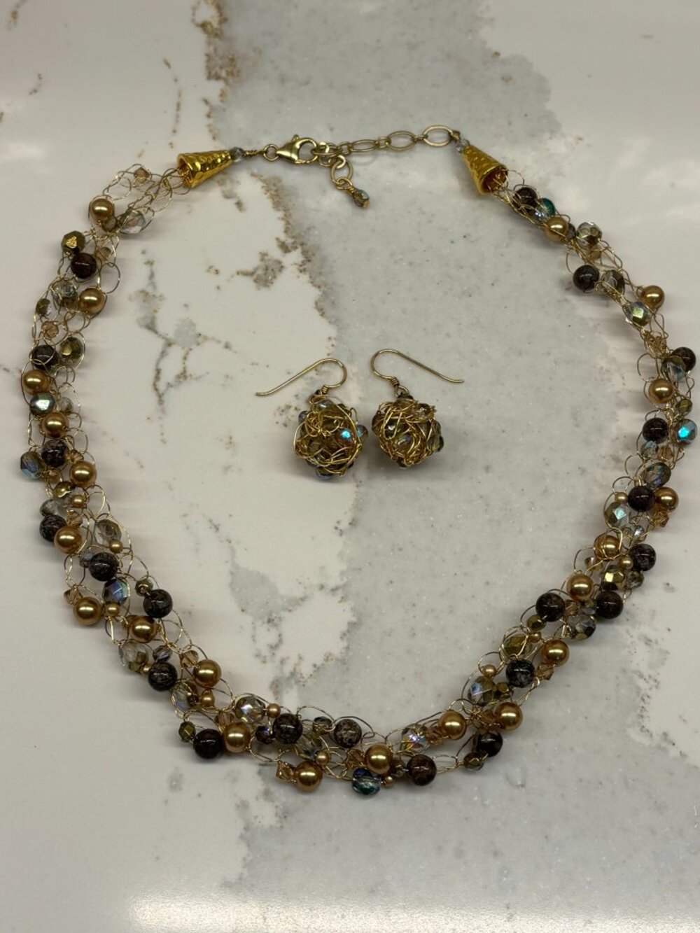 NEW! Handmade Gold Tone Wire Crochet Multicolor Beaded Necklace & Earrings Set